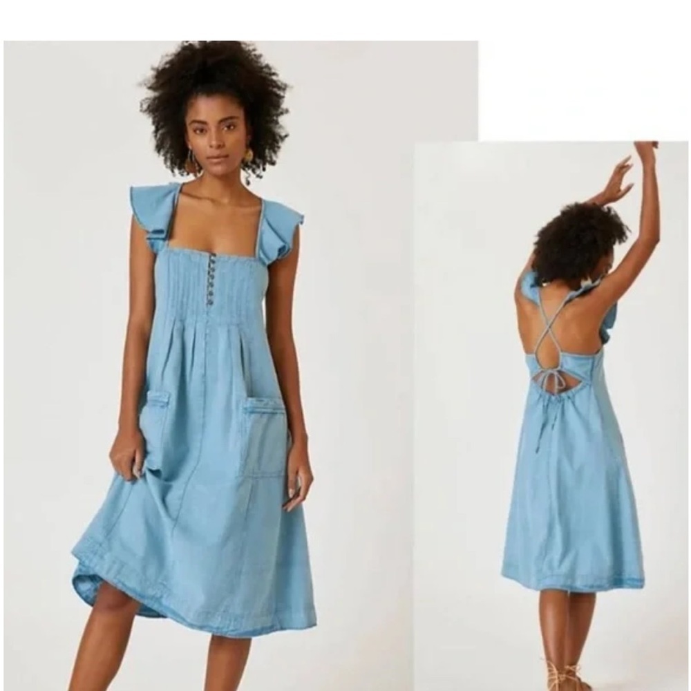 Anthropologie Pilcro Flutter Sleeve Mdi Dress Blue Size Small - Picture 16 of 16